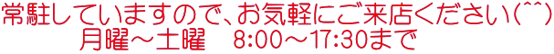 常駐していますので、お気軽にご来店ください(^^) 　　　月曜～土曜　8：00～17：30まで